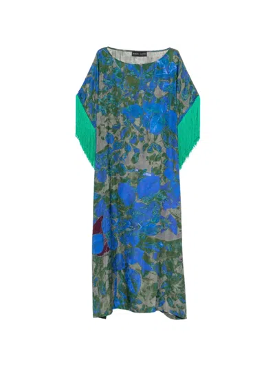 Barbara Bologna Floral-print Fringe-trimmed Maxi Dress In Blue