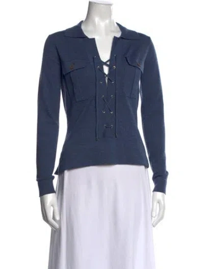 Pre-owned Barbara Bui Merino Wool V-neck Sweater In Blue