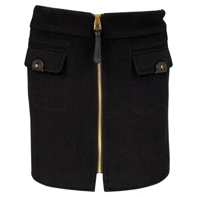 Pre-owned Barbara Bui Size 8 Black Wool Cashmere Leather Zip Up Mini Skirt