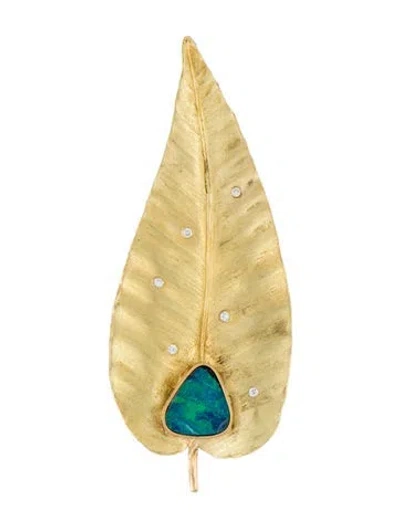 Pre-owned Barbara Heinrich Studio 18k Opal & Diamond Leaf Pendant Brooch In Multi