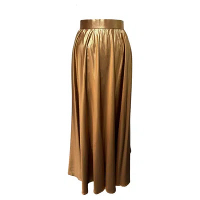 Pre-owned Barbara Tfank Metallic Gold 100% Silk Gathered Maxi Skirt , 42" In Brown