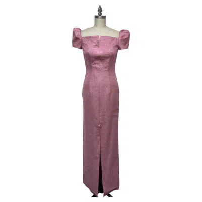 Pre-owned Barbara Tfank Metallic Rose-pink Column Gown With Puffy Sleeves And Front Slit In Brown