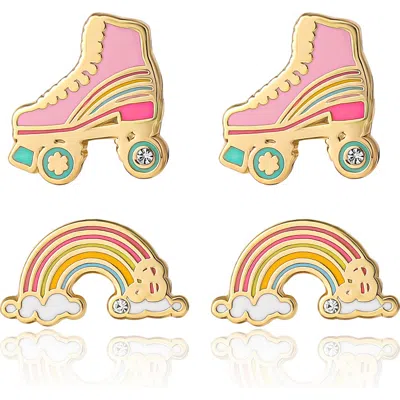 Barbie 18k Gold Flash-plated Skates And Rainbow Stud Earrings, 2-pack