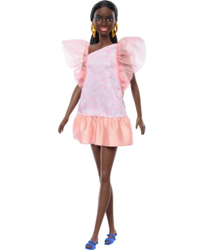 Barbie Kids' Fashionistas Doll 216 With Tall Body, Black Straight Hair And Peach Dress, 65th Anniversary In Pink