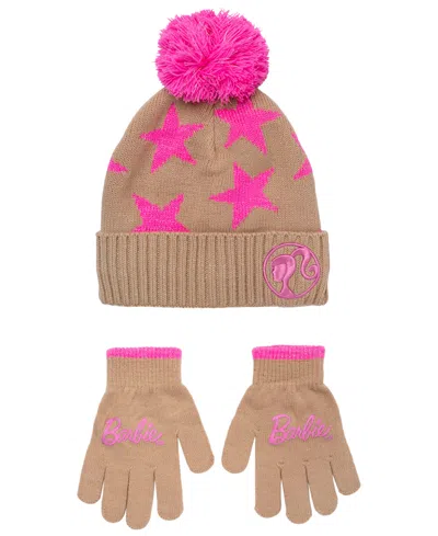 Barbie Girls' Pom-pom Beanie Hat And Gloves, 2-piece Set In Tan,pink