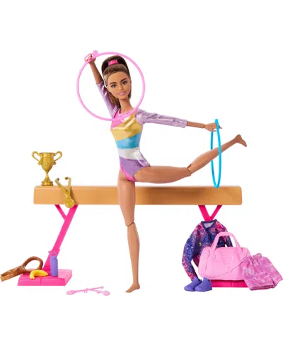 Barbie Kids' Gymnastics Play Set With Brunette Fashion Doll, Balance Beam, 10 Plus Accessories And Flip Feature In Multi