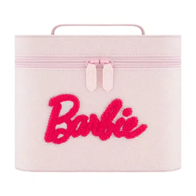 Barbie Large Cosmetic Case Organizer With Mirror & Dual Zipper Pulls - Glitter Pink Edition In Pattern