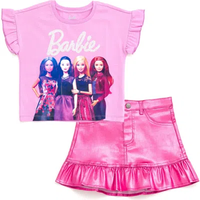 Barbie Kids'  Sequin T-shirt And Metallic Skirt Set In Pink