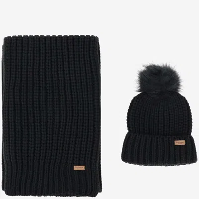 Barbour Acrylic Fabric Scarf And Hat Set In Black