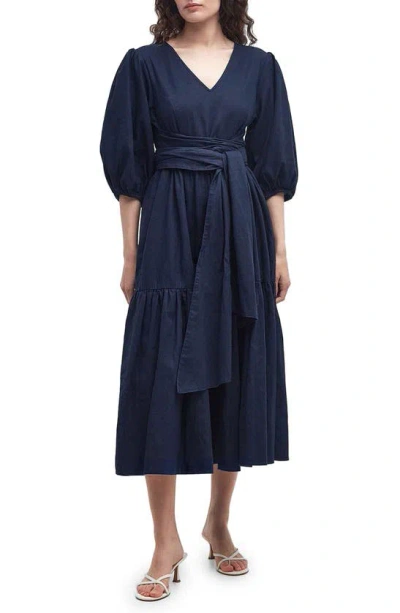 Barbour Annie Puff Sleeve Linen & Cotton Midi Dress In Navy
