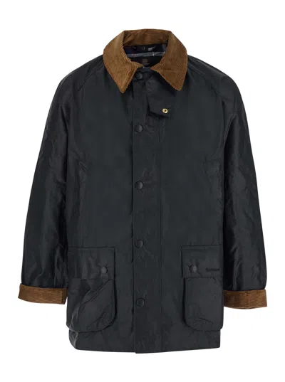 Barbour Ashby Waxed Jacket With Velvet-trim Collar And Zip Front In Black