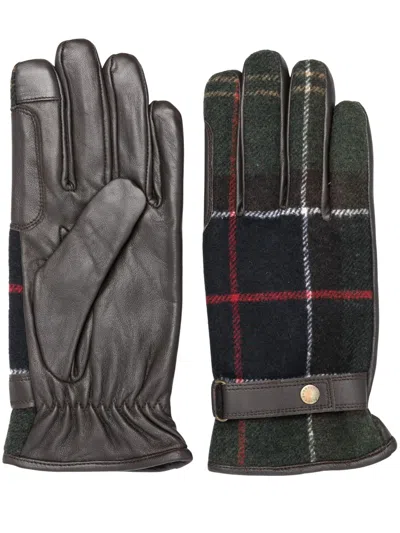 Barbour Aubrey Tartan-check Panelled Leather Gloves In Green