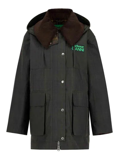 Barbour Ba X Ganni Hood Ttn Duffle Wax In Green