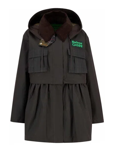 Barbour Dark Brown Jacket With All-over Stripe Motif And Logo Patch On The Front In Waxed Cotton Woman