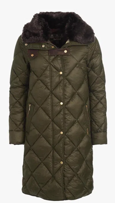 Pre-owned Barbour Ballater Oversized Longline Faux Fur Jacket (size 14)22"ptp(sage)rrp£279