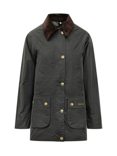 Barbour Black Waxed Jacket With Brown Velvet Collar In Green