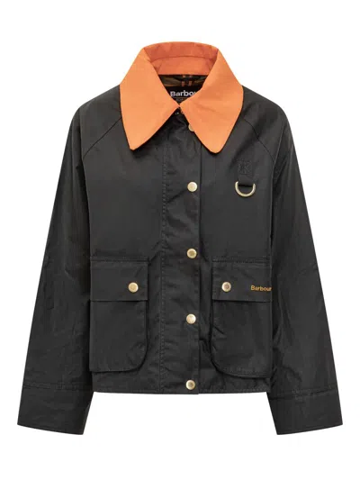 Barbour Black Waxed Jacket With Orange Collar