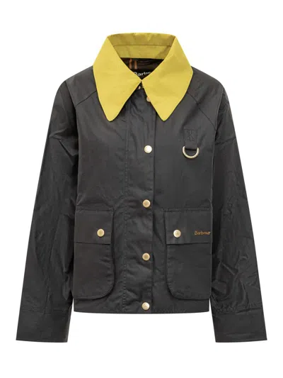 Barbour Black Waxed Jacket With Yellow Collar