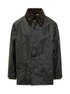 Barbour Waxed Jacket With Pockets And Velvet Collar In Black