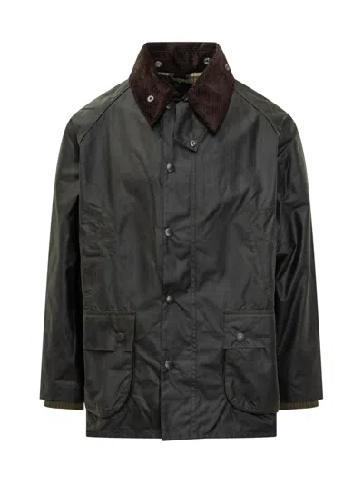 Barbour Waxed Jacket With Pockets And Velvet Collar In Black