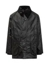 Barbour Waxed Jacket With Pockets And Velvet Collar In Black