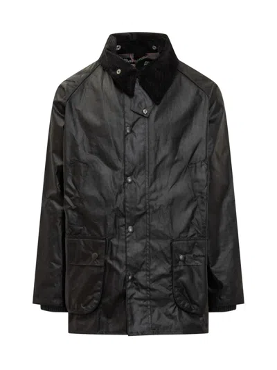 Barbour Waxed Jacket With Pockets And Velvet Collar In Black