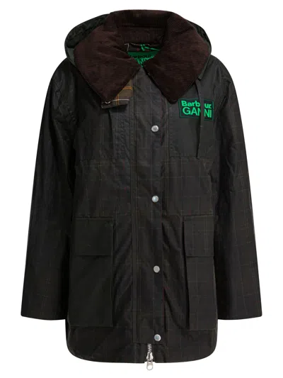 Barbour Dark Brown Jacket With All-over Stripe Motif And Logo Patch On The Front In Waxed Cotton Woman