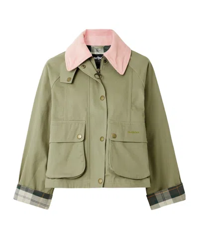 Barbour Beadnell Corduroy-trimmed Cropped Cotton-twill Jacket In Green
