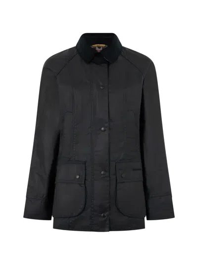 Barbour Beadnell Waxed Corduroy-collar Jacket In Black