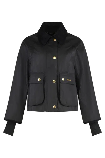 Barbour Waxed Cotton Jacket Corduroy Collar In Black