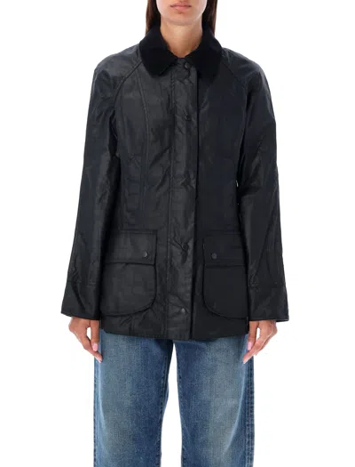 Barbour Beadnell Waxed Jacket With Corduroy Collar And Tartan Lining In Nero
