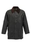 Barbour Beaufort Waxed Cotton Jacket With Corduroy Collar And Multiple Pockets In Green