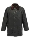 Barbour Beaufort Waxed Cotton Jacket With Corduroy Collar And Multiple Pockets In Green