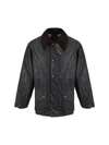 Barbour Waxed Jacket With Pockets And Velvet Collar In Black