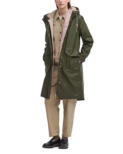 Barbour Beth Womens Long Showerproof Jacket In Deep Olive/light Sand/pastel Pink