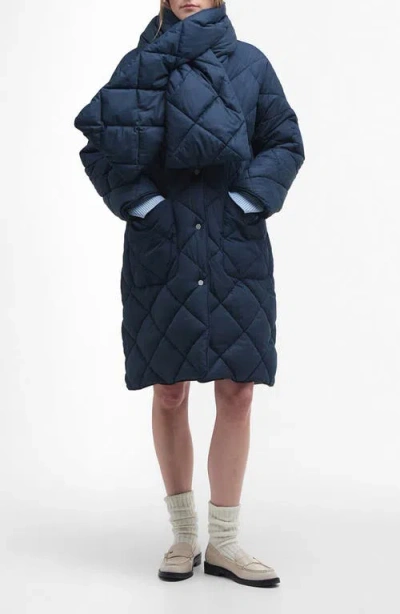 Barbour Brigitte Quilted Coat With Removable Scarf In Navy/sky Dress Tartan