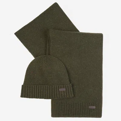 Barbour Carlton Fleck Beanie And Scarf Gift Set In Green