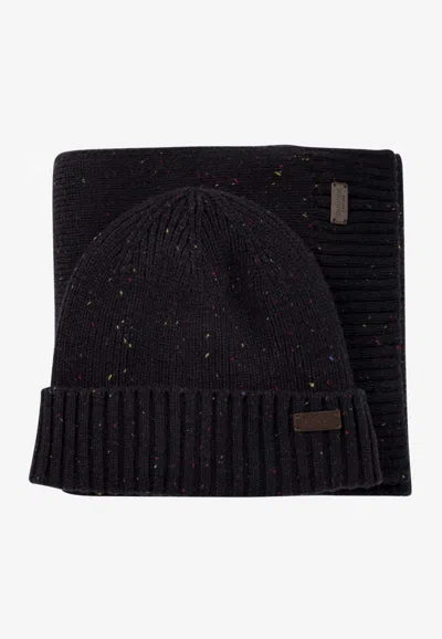 Barbour Carlton Fleck Beanie & Scarf Set In Black
