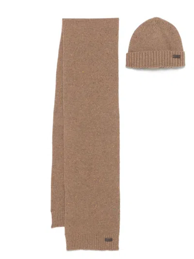 Barbour Carlton Fleck Beanie And Scarf Set In Brown