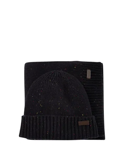 Barbour "carlton Fleck" Cap And Scarf Set In Black