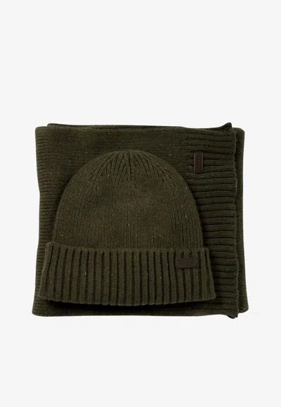Barbour Carlton Fleck Cap And Scarf Set In Green