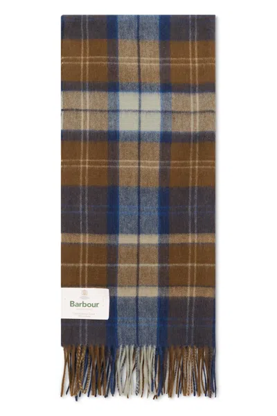 Barbour Checkered Lambswool Scarf With Fringed Ends In Brown