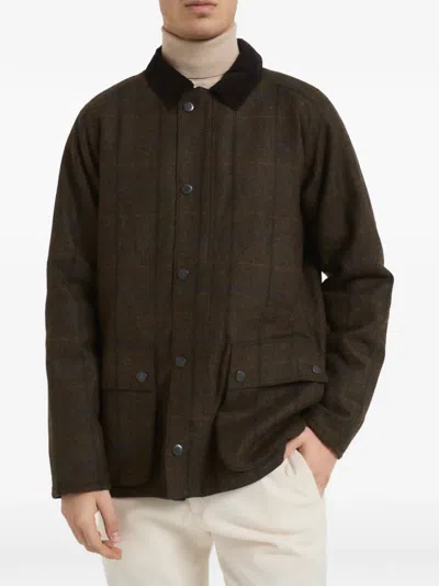 Barbour Check-pattern Corduroy-collar Coat In Brown