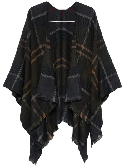Barbour Check-pattern Fringed Cape In Green