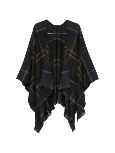 Barbour Check-pattern Fringed Cape In Blue