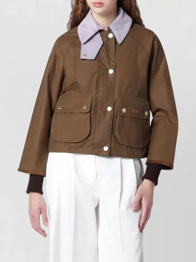 Barbour Coat Contrast Collar Flap Pockets Ribbed Cuffs In Brown