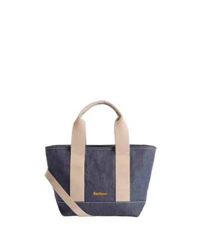 Barbour Compact Denim Handbag With Contrasting Handles And Tartan Accents - 19 Cm Height In Blue
