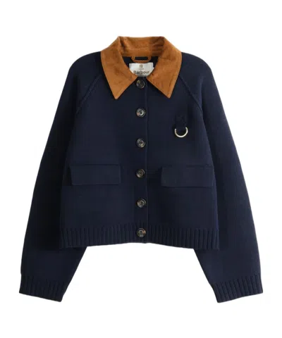 Barbour Contrast Collar Cropped Knit Jacket In Blue