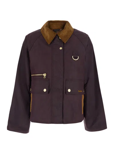 Barbour Cordcollar Cropped Waxed Field Jacket In Burgundy