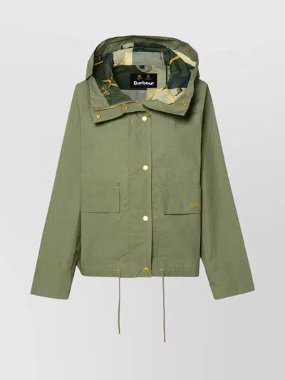 Barbour Cotton Jacket With Drawstring Hem And Hood In Green